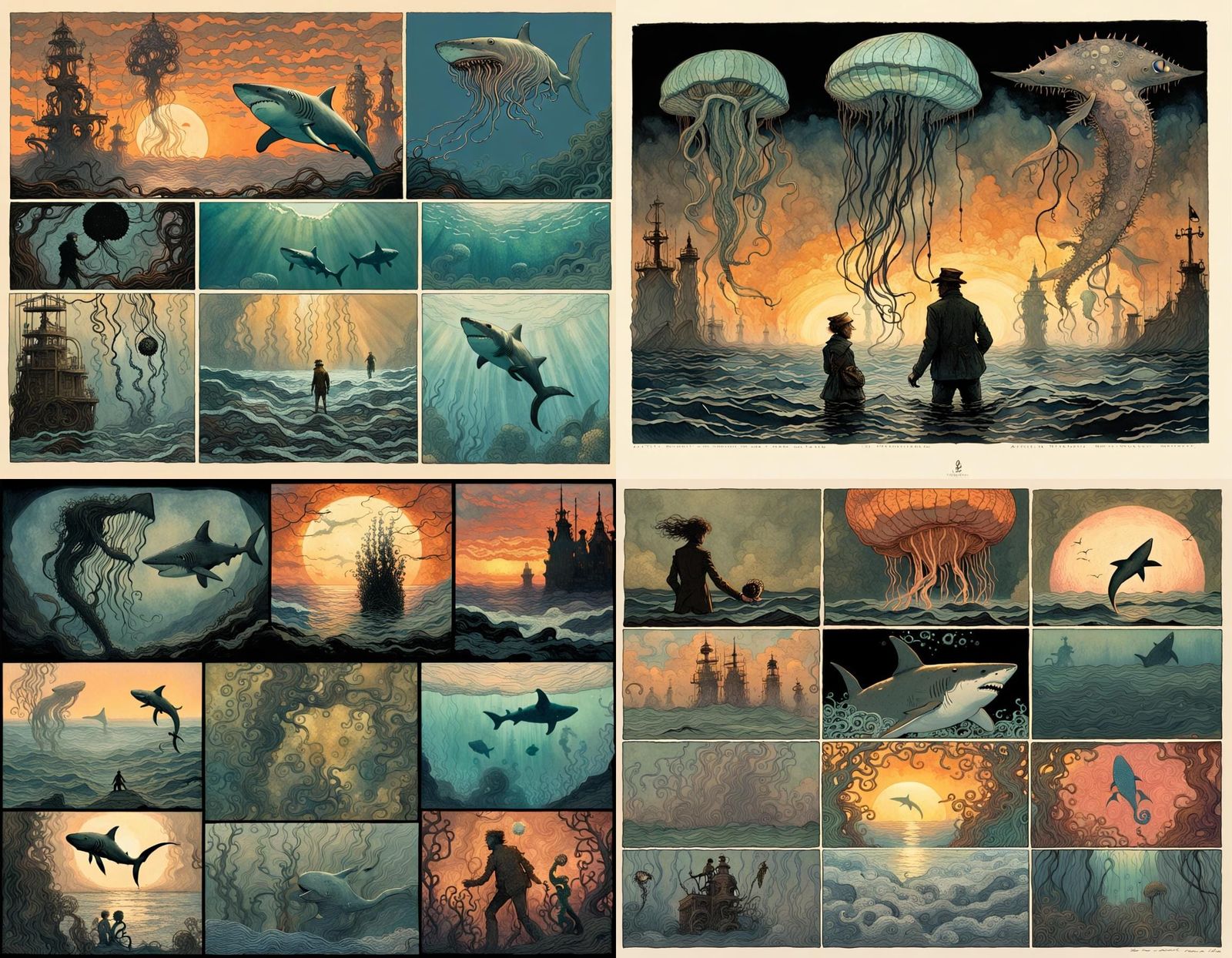 Surreal Underwater Hybrid Creature in Silhouette Style