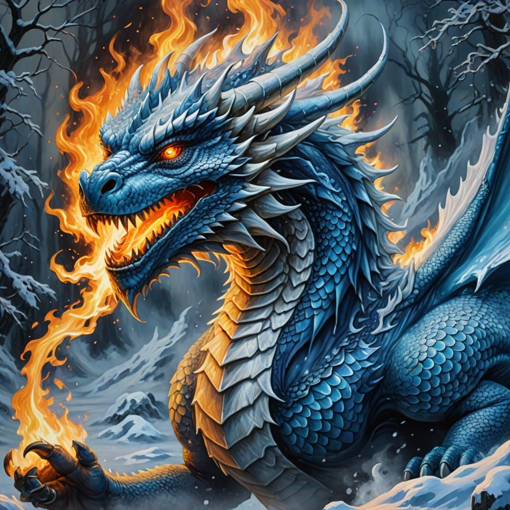 Winter Dragon Blows Fire in Fantasy Oil Painting