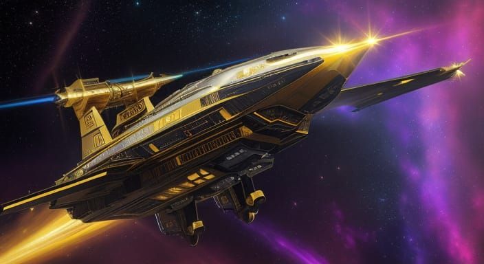 Golden Spaceship with Nebula Clouds in Oil Painting Style