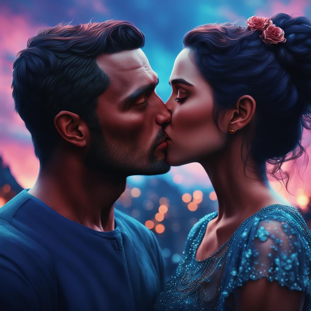 Romantic Couple Kissing: Detailed Fantasy Art