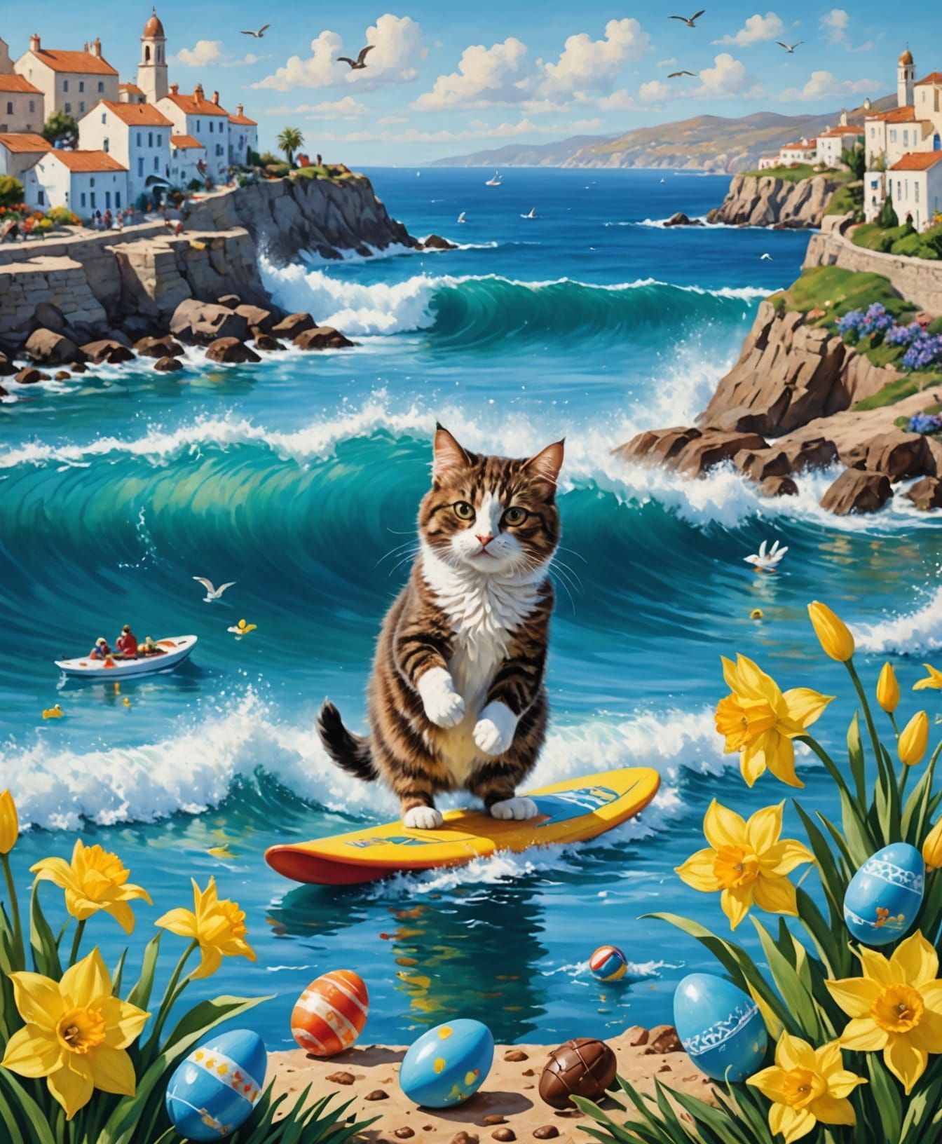 Surfers in Blue and White Seaside Town