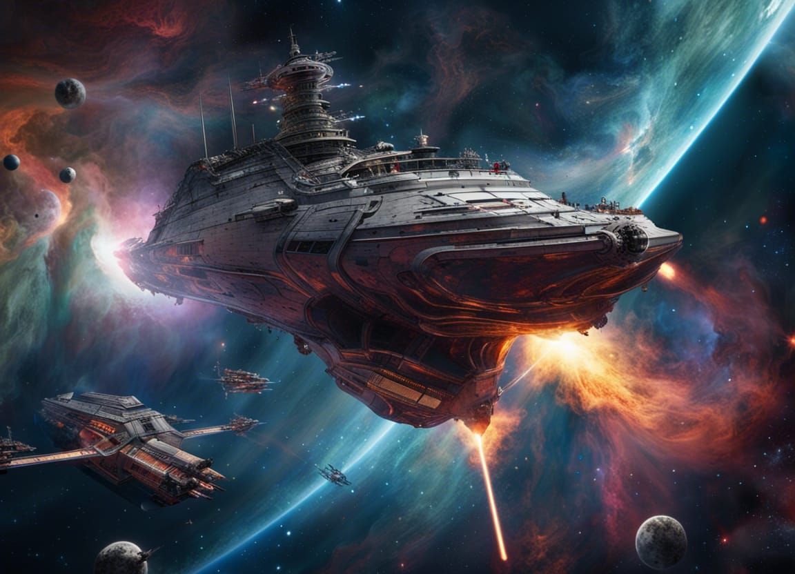 A battle between a warship of the 'Galactic Space Force'  and criminal Pirate ships.
