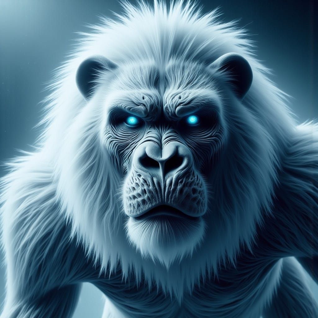 White Walker Lion-Gorilla Hybrid with Blue Eyes