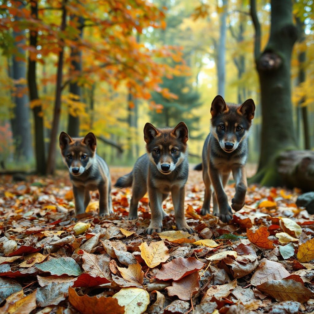 Playful Young Wolf Cubs in Autumn Forest