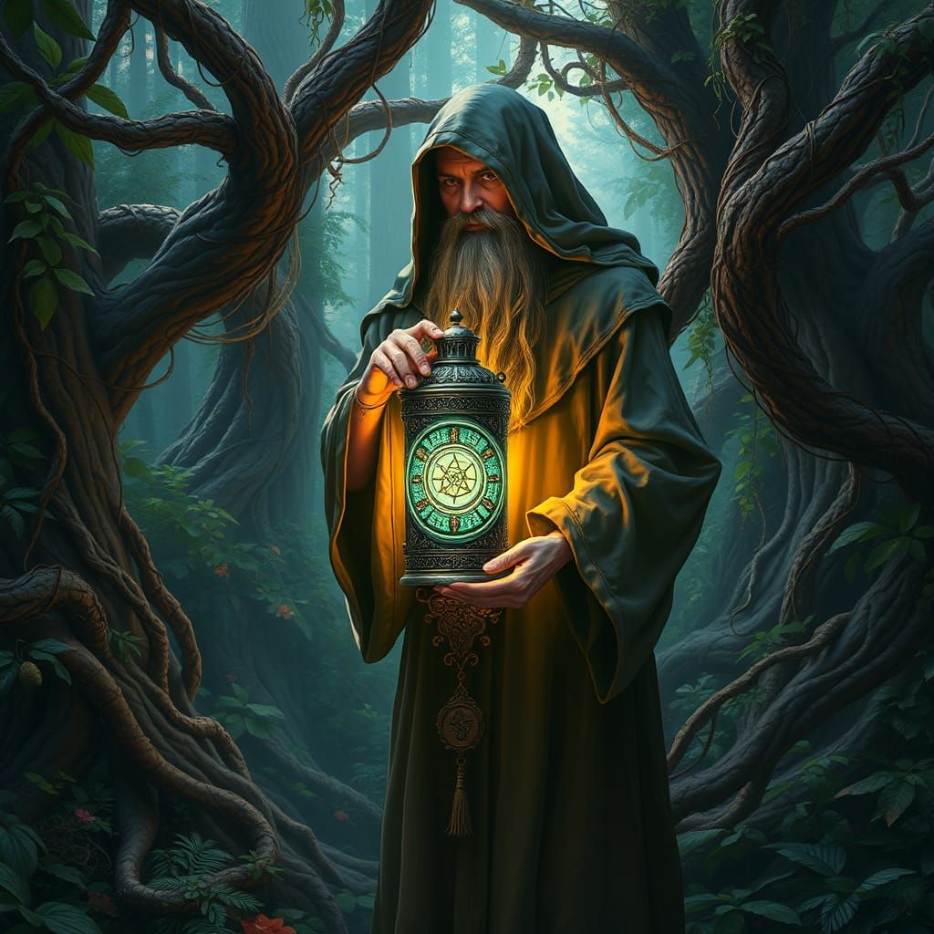 Mystical Hermit with Tarot Lantern in Enchanted Forest
