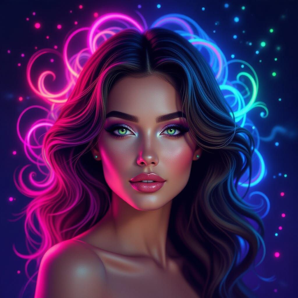 Fractal Portrait of a Woman with Neon Halo