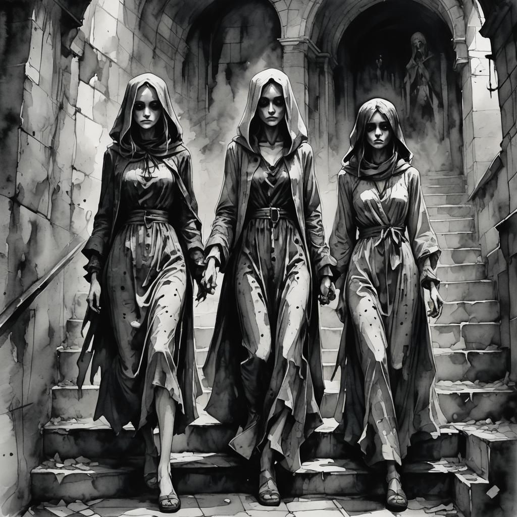 Witches Descending to Catacombs: Watercolour Illustration