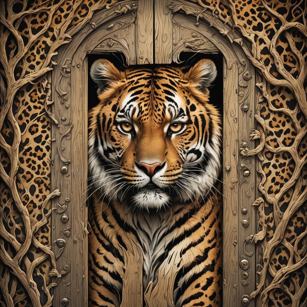 Leopard Door with Tiger Wallpaper, Comic Book Art
