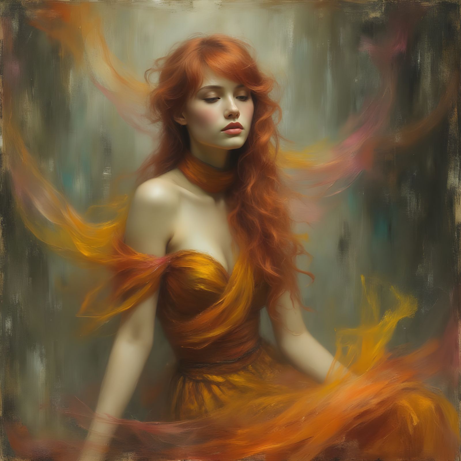 Fiery Red Haired Woman in Opulent Abstract Setting