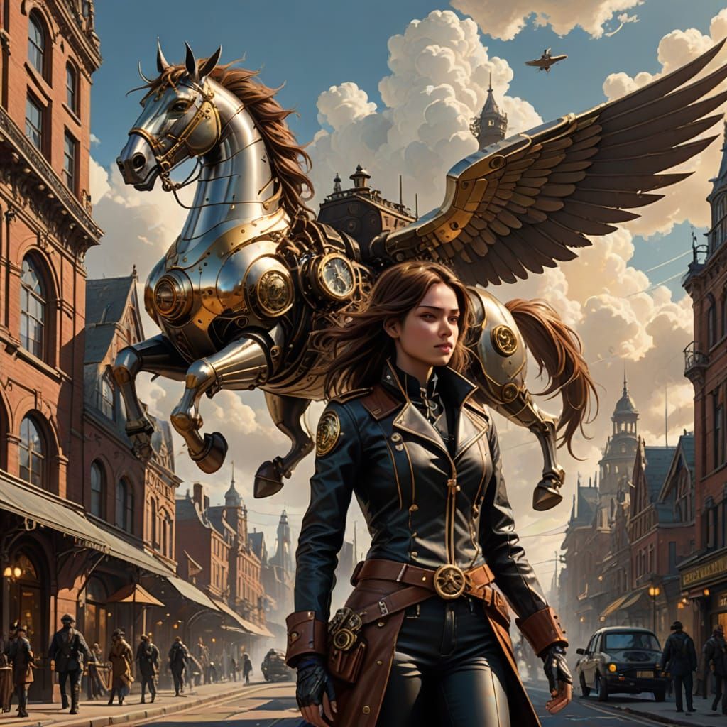 Steampunk Pegasus Soaring Above Victorian Metropolis