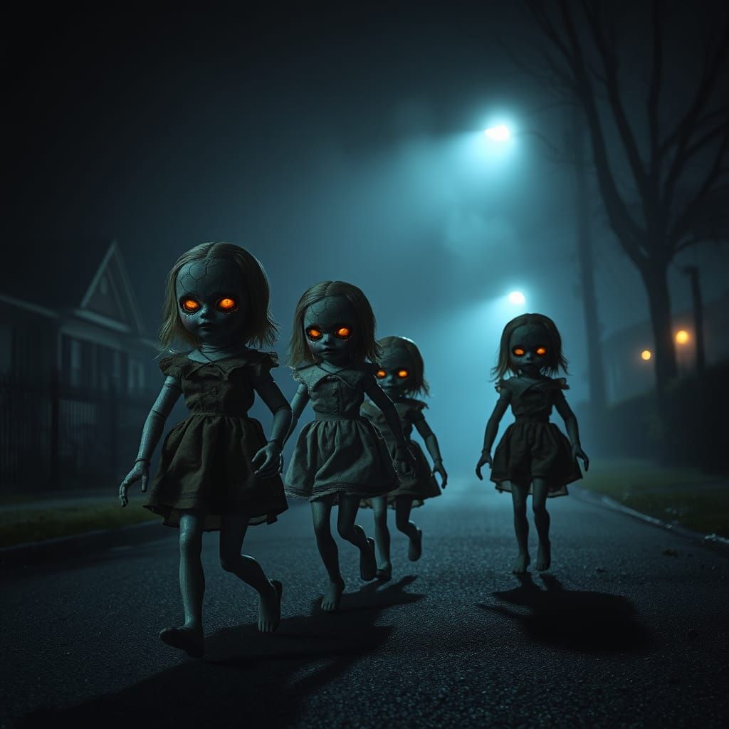 Creepy Dolls Stalking a Foggy Street at Night