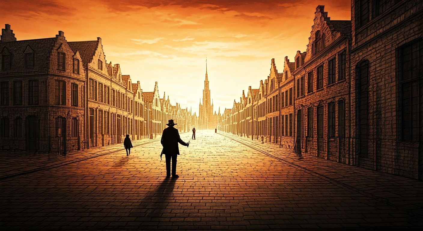 Surreal Belgian Cityscape: Joker and Thief in Ligne Claire S...