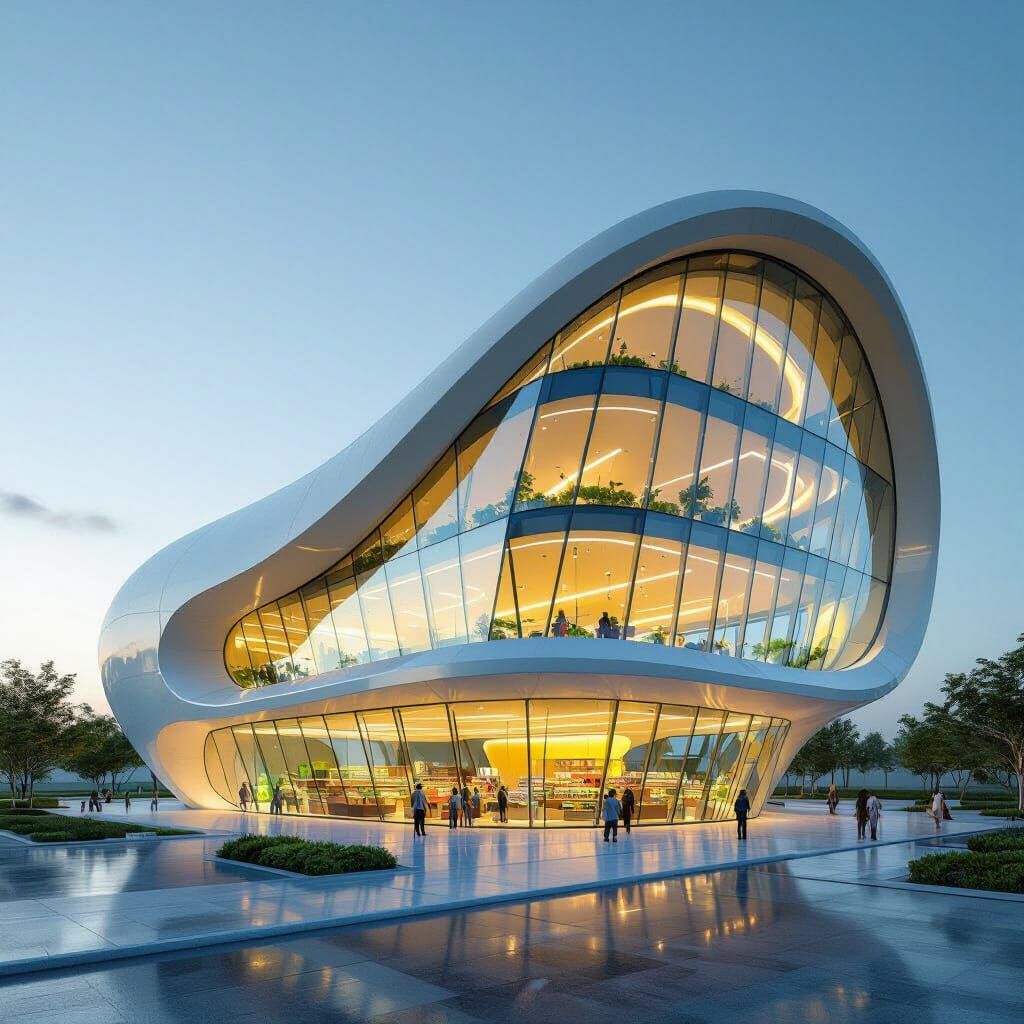 Futuristic Avocado Agro-Market Building in Hi-Tech Style