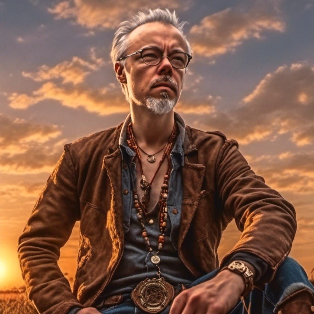 Anime Cowboy Portrait at Sunset, Hyperrealistic Art