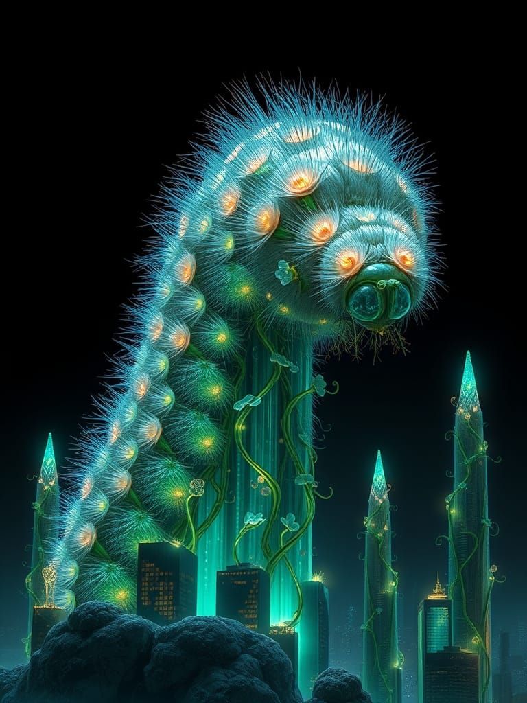 Gigantic Caterpillar Chews Emerald Skyscraper in Hyperrealis...