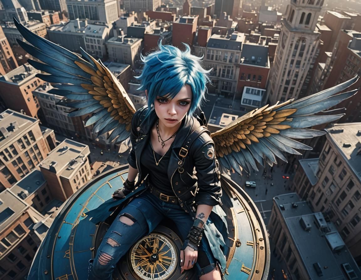 Hyperrealistic Punk Fairy Overlooking City