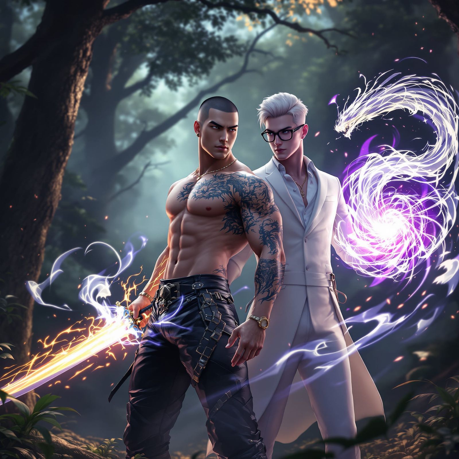 Epic Fantasy Confrontation: Two Men in Mystical Forest