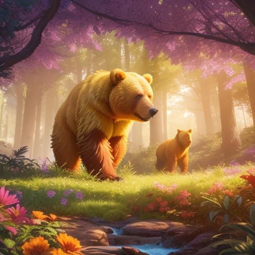 Golden Honey Bear Hero in Lush Forest
