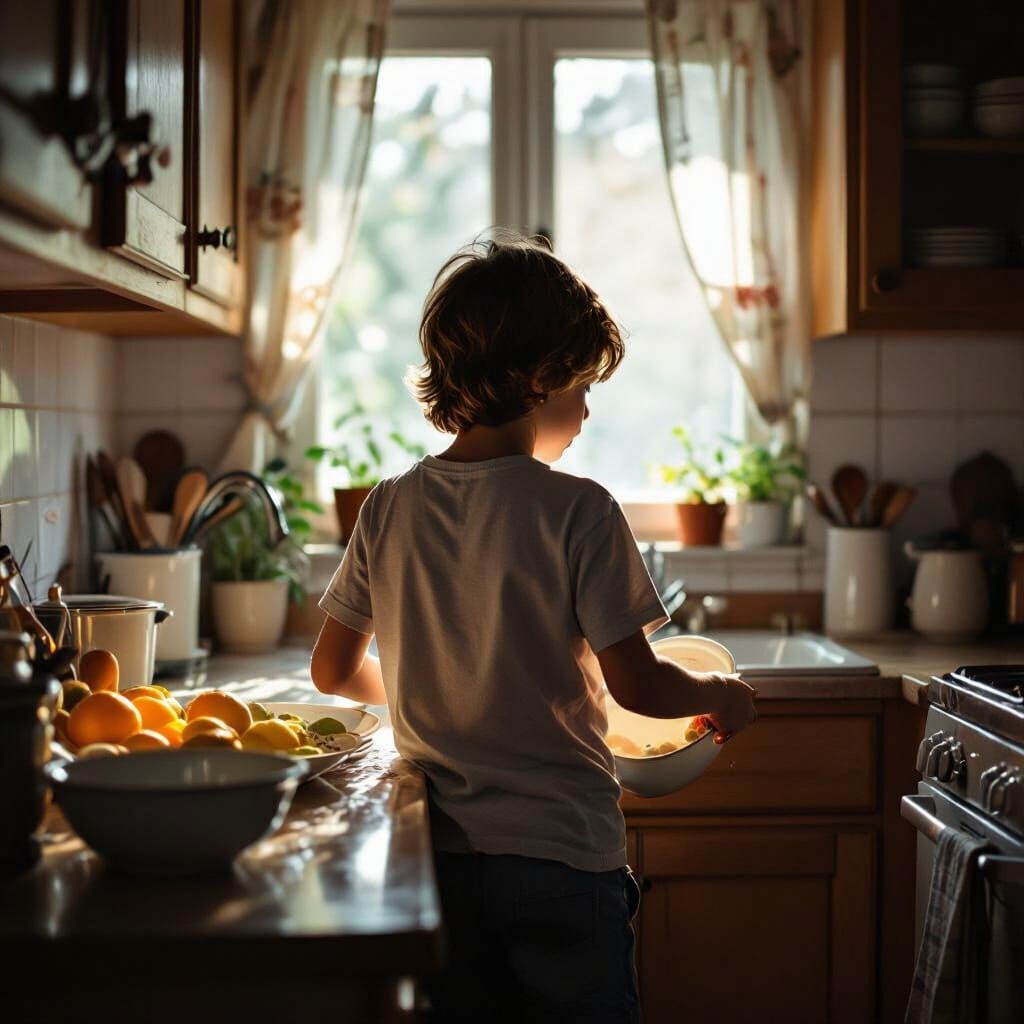 Boy Washing Dishes in Cinematic Style