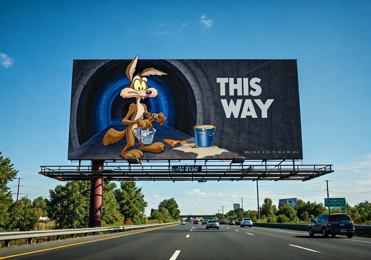 Wile E. Coyote Paints Mural on Highway Billboard