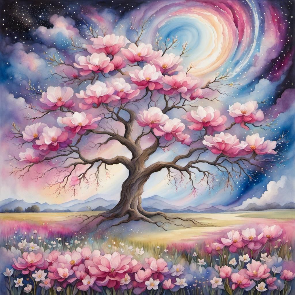 Magnolia Tree Under Nebula Sky in Watercolor Style