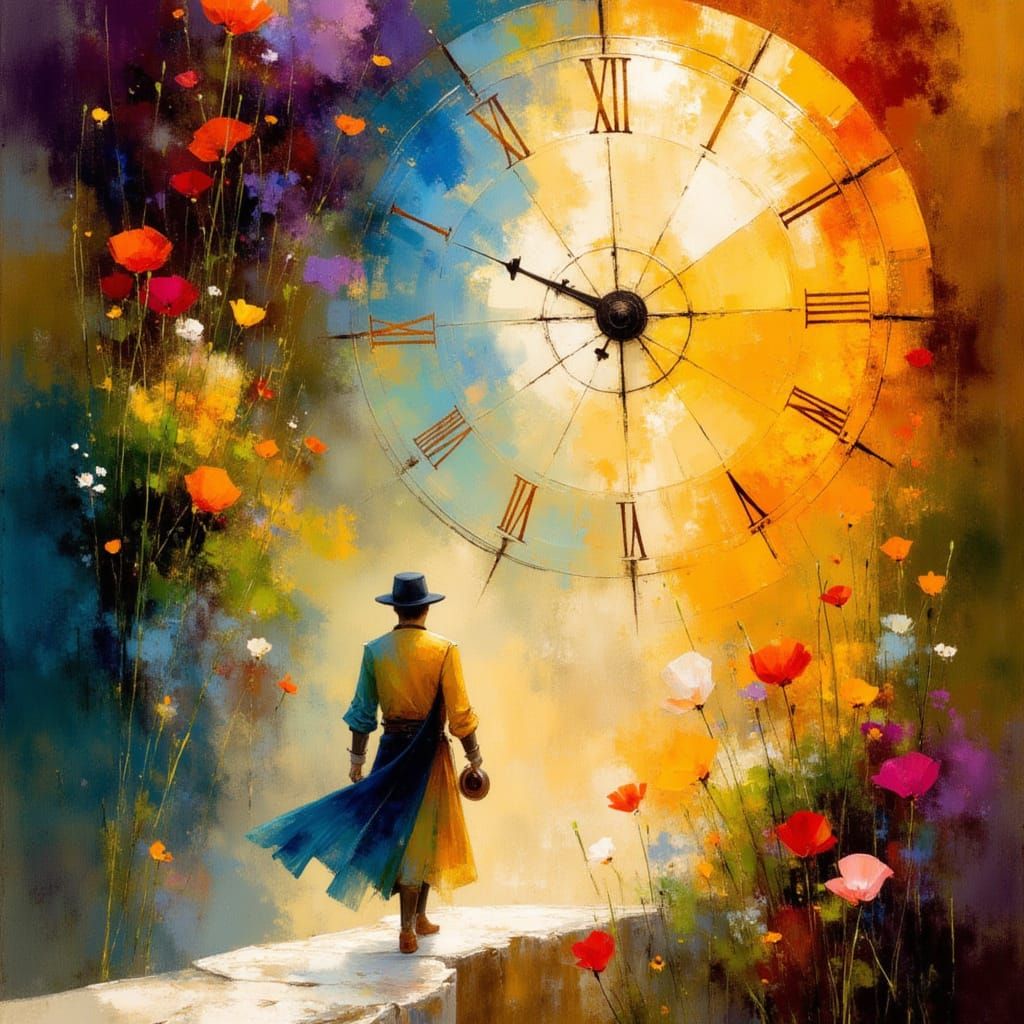 Timeless Wanderer in Front of a Glowing Clockwork Portal