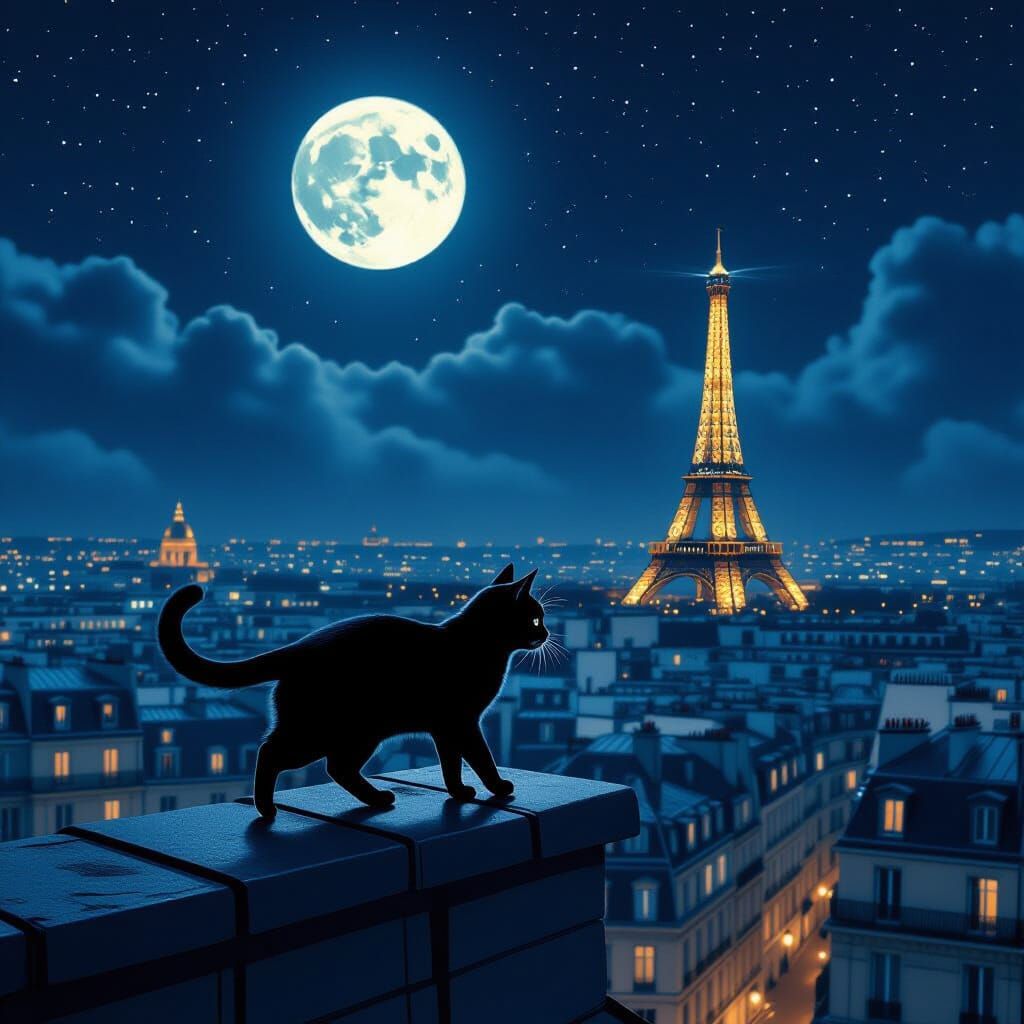 Black Cat Waltzes on Paris Rooftop Under Moonlight