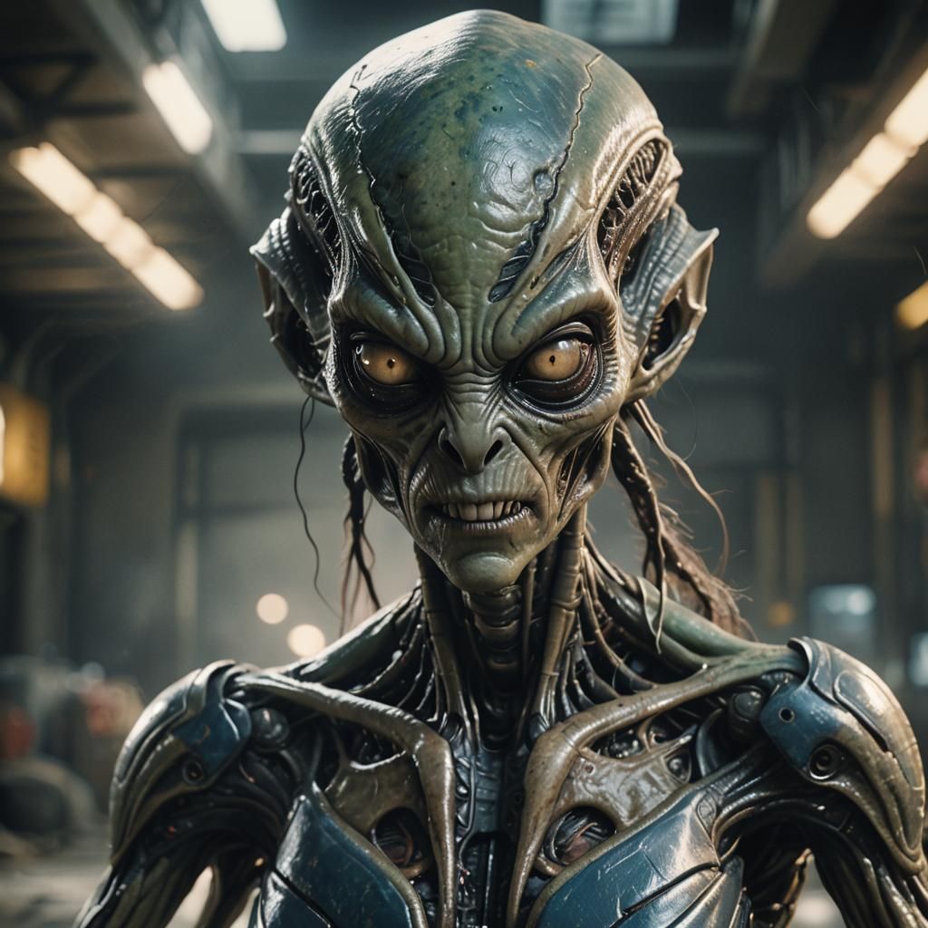 Creepy Realistic Alien Portrait in Hyperrealism Style