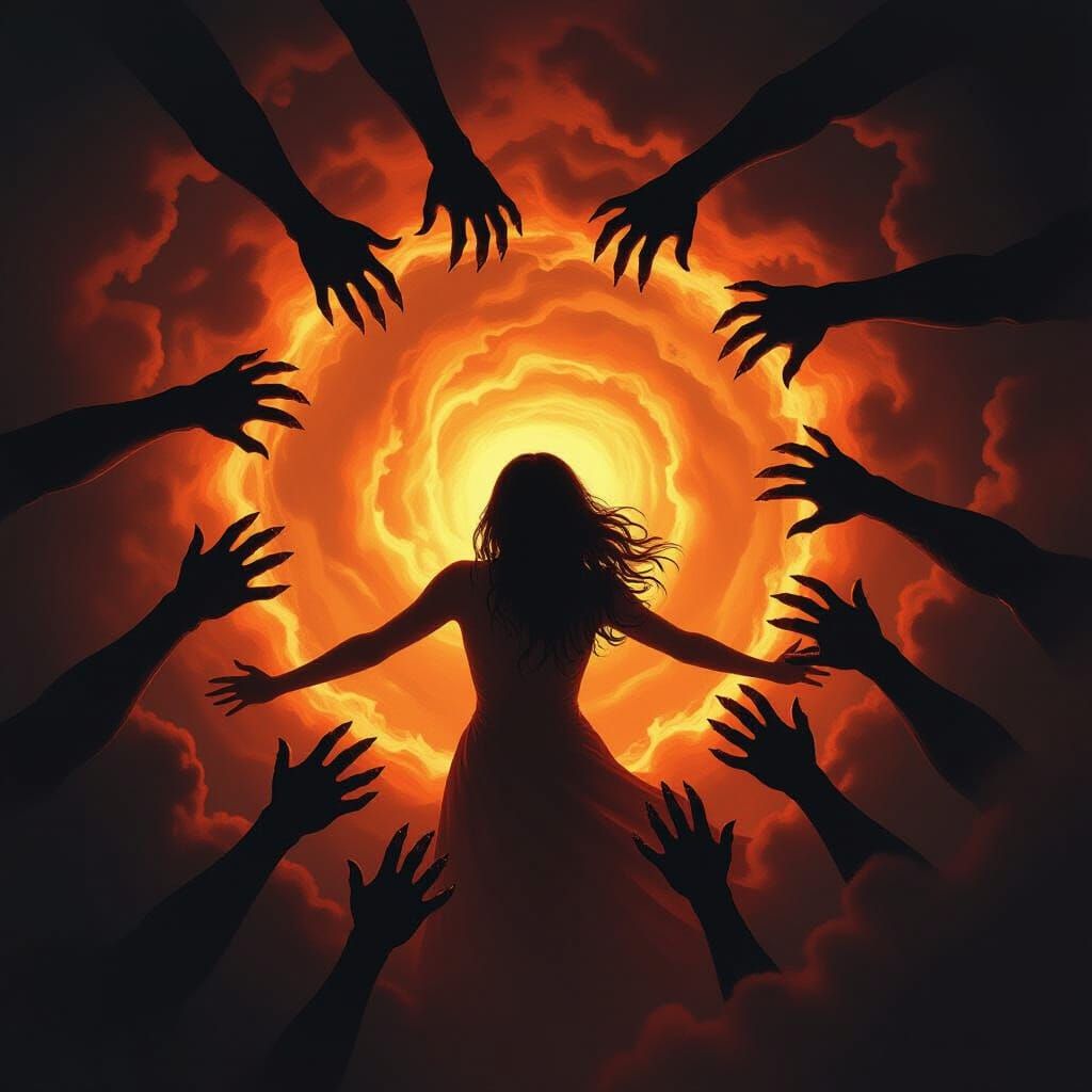 Woman Pulled to Fiery Abyss by Shadowy Hands