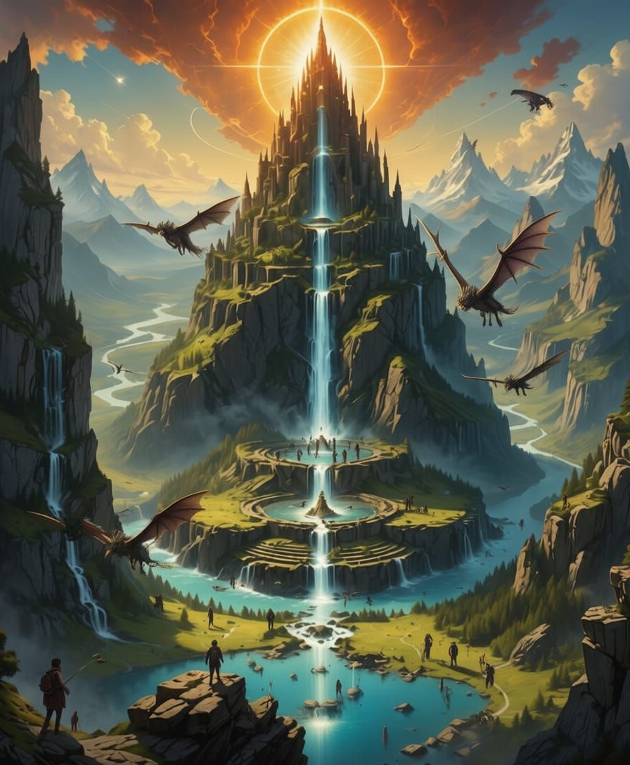 People and Flying Creatures in a Flourishing Landscape