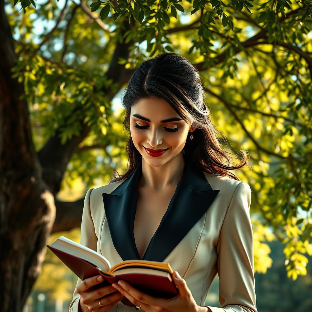 Sophisticated Woman Lost in a Book Under a Lush Tree