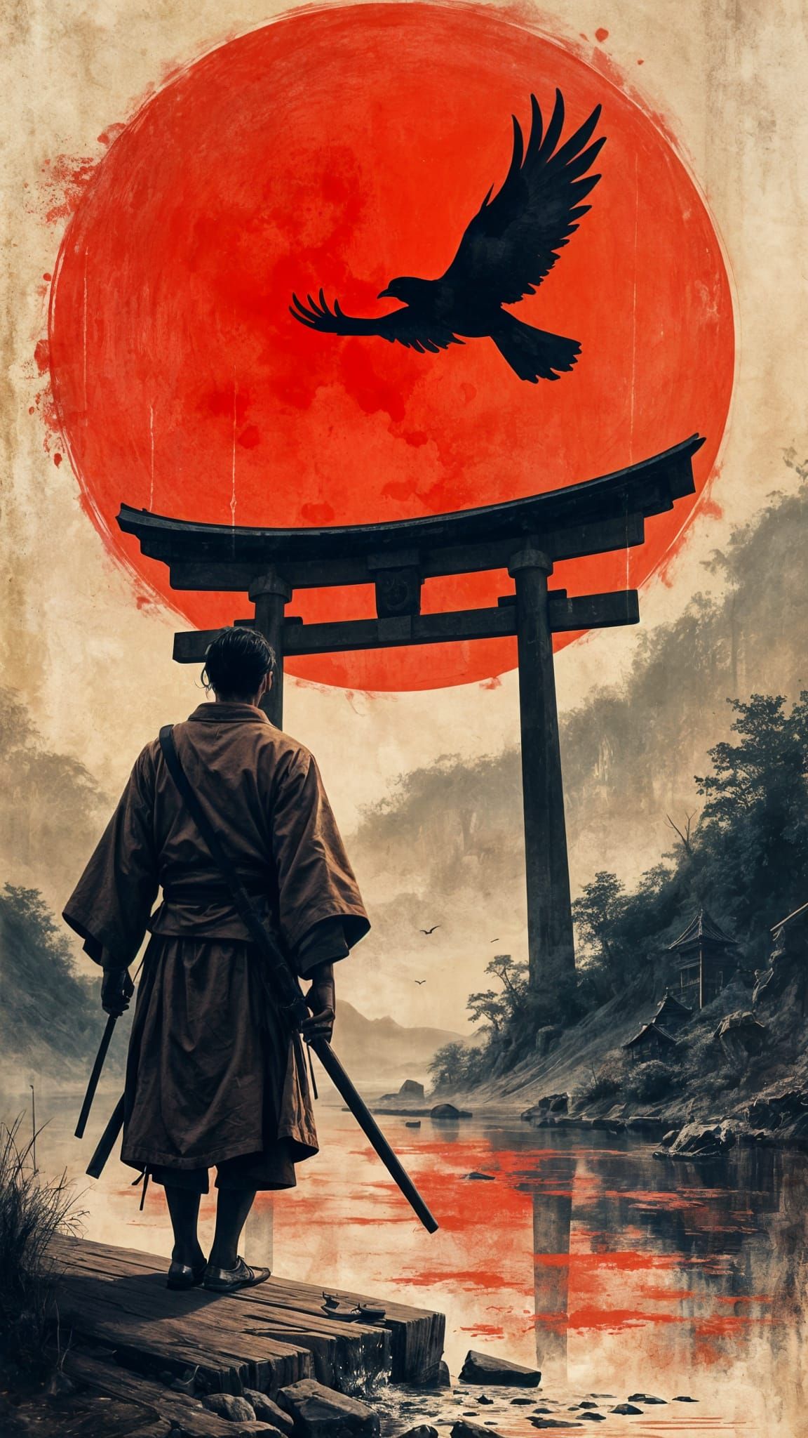 Samurai in Fading Light, a Haunting Red and Black Japanese S...