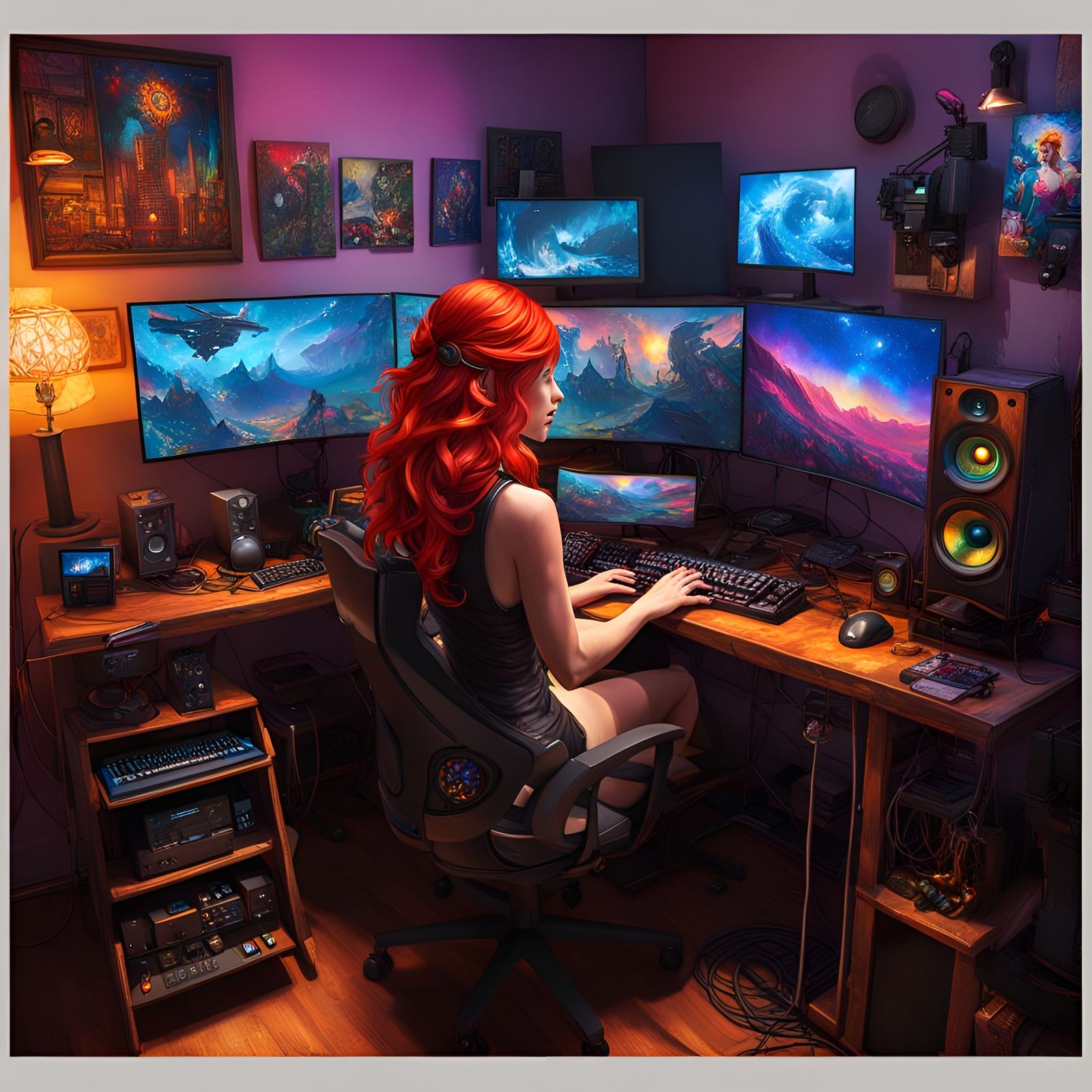 Futuristic Gaming Setup with Redhead in Cyberpunk Style
