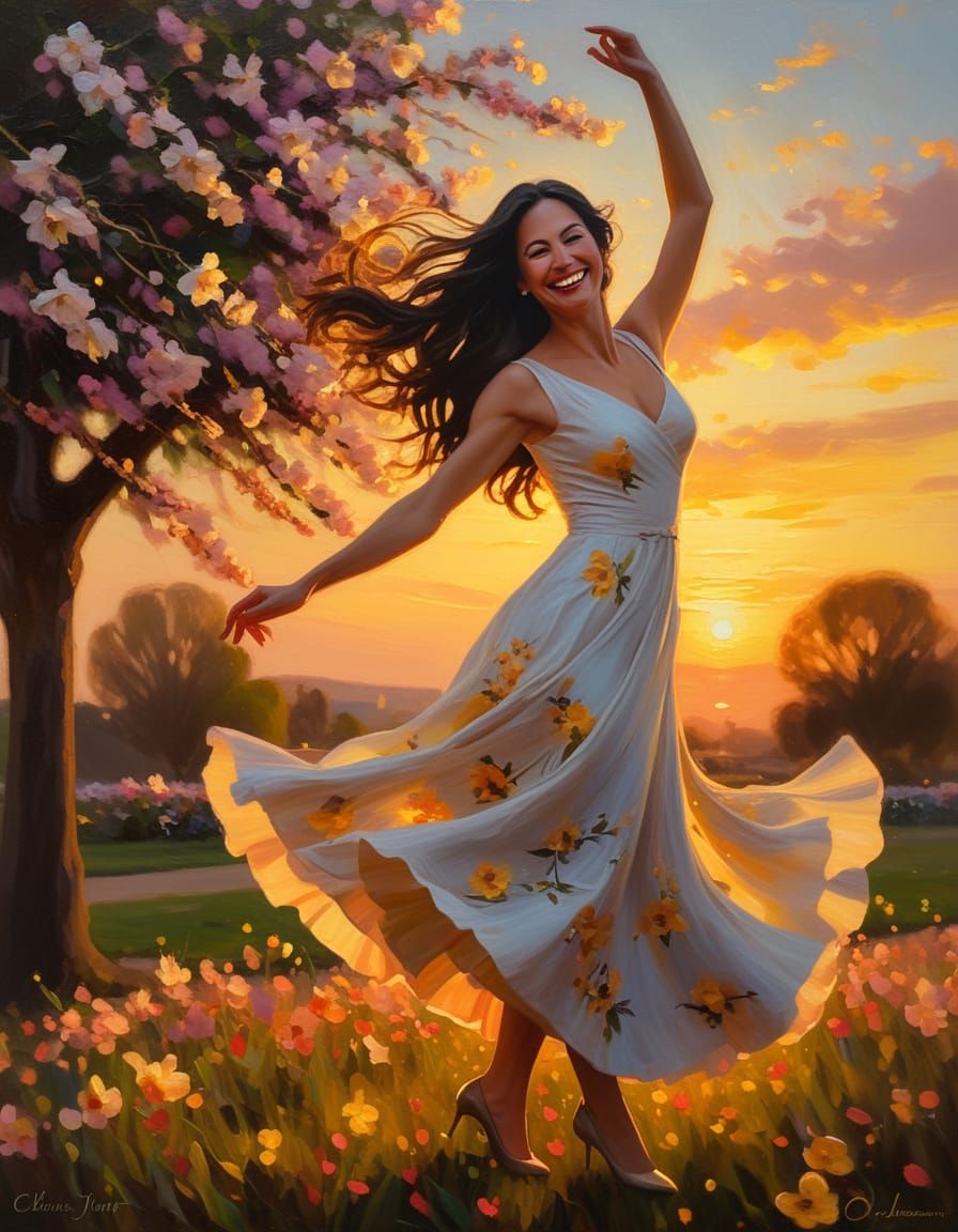Joyful Woman Dancing in Romantic Realism Style