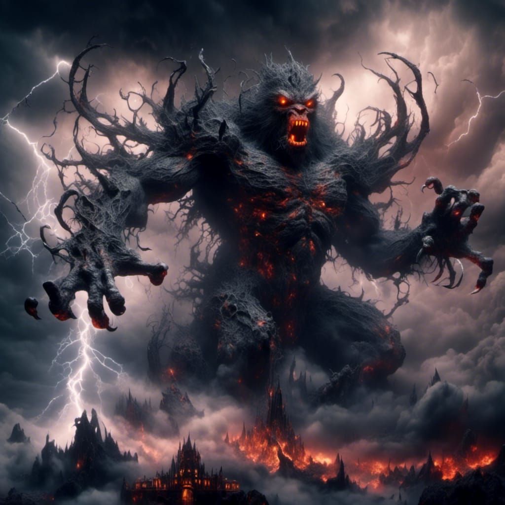 Flying Lava Ape Amidst Stormy Skies