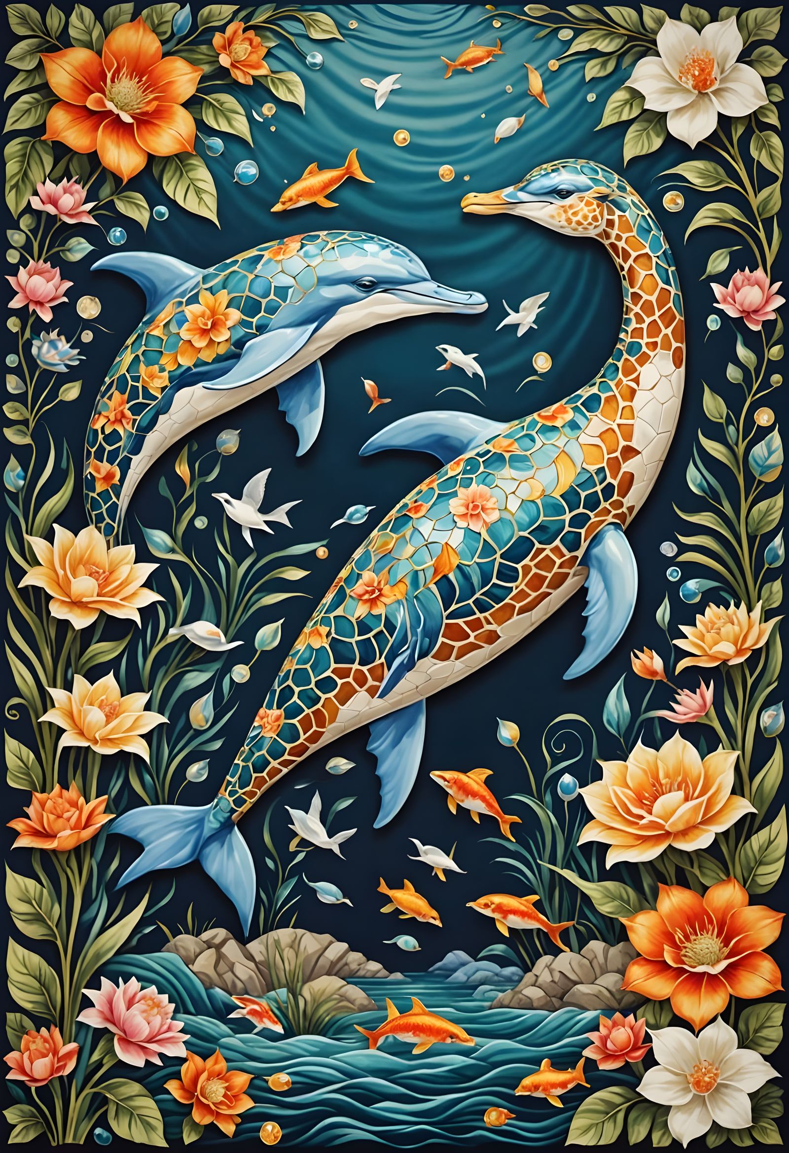 Whimsical Dolphin Giraffe Tapestry with Cranes and Koi Carp