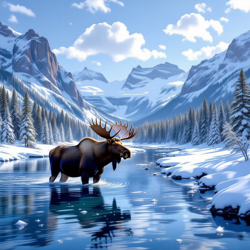 Majestic Moose in Alpine Lake: Hyperrealistic Landscape