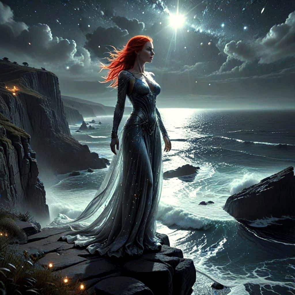 Ghostly Woman on Cliff Overlooking Starry Sea