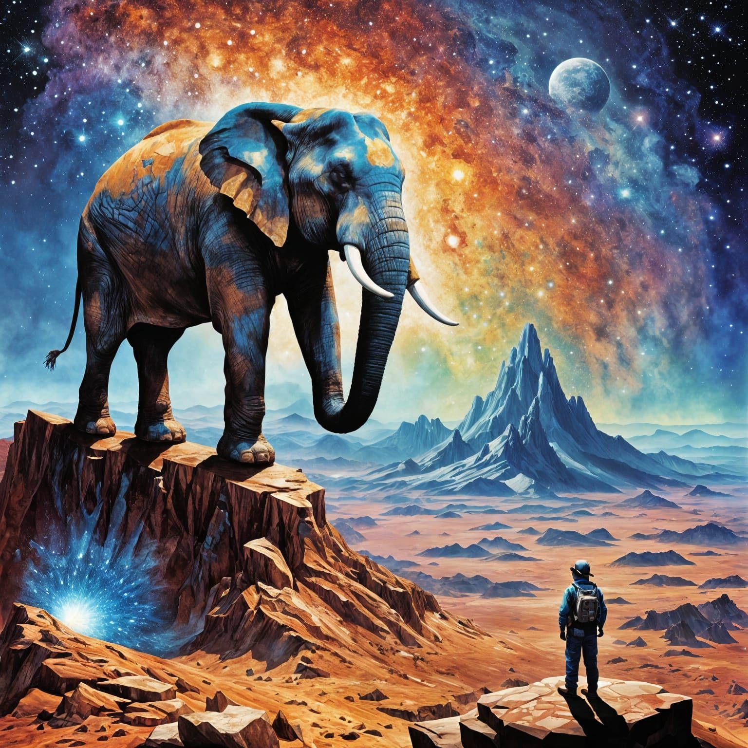 Ancient Elephant on Mountain Peak Under Nebula Sky