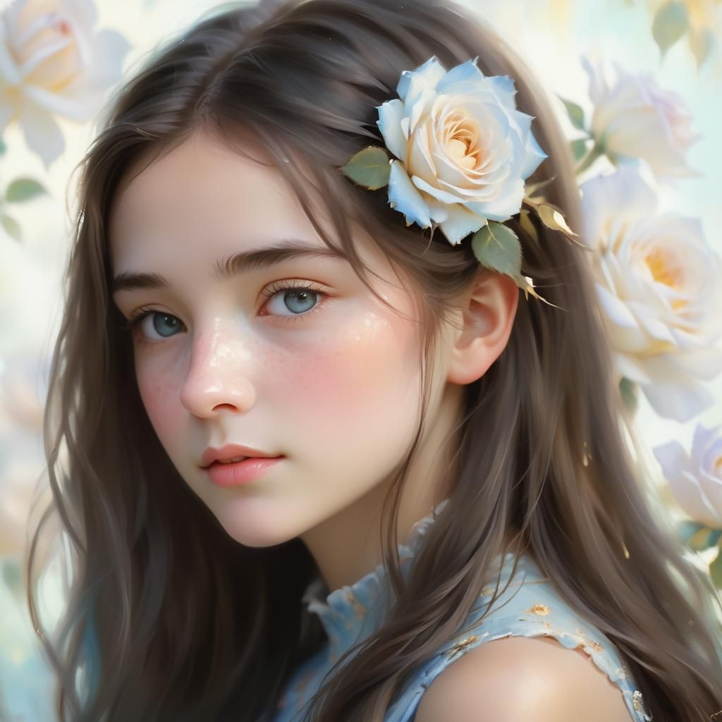 Impressionist Woman in Garden with Blue Roses