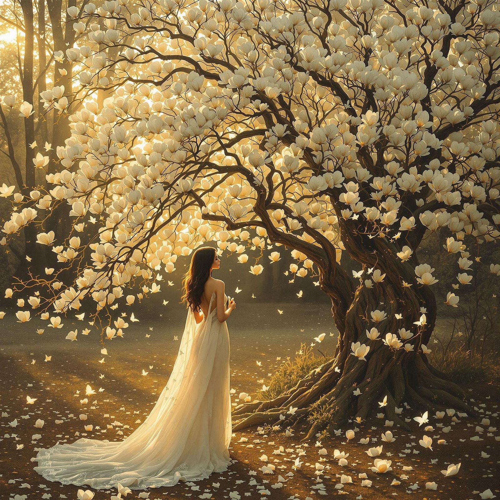 Serenely Standing Amidst Majestic Magnolias in Golden Sunris...