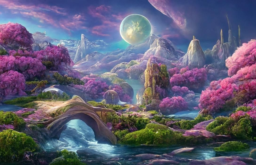 Fantasy Zen Garden with Cosmic Sky in Hyperrealism