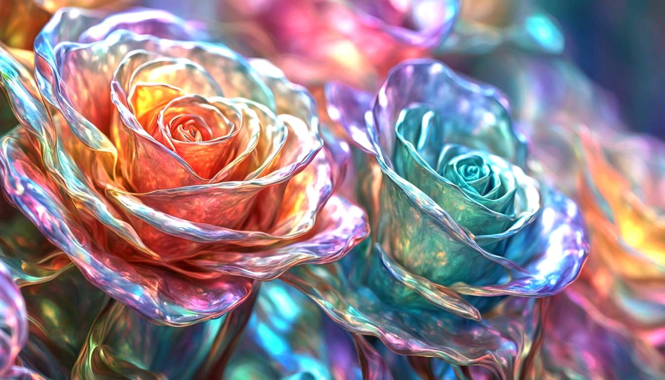 Iridescent Glass Roses Displayed in a Row