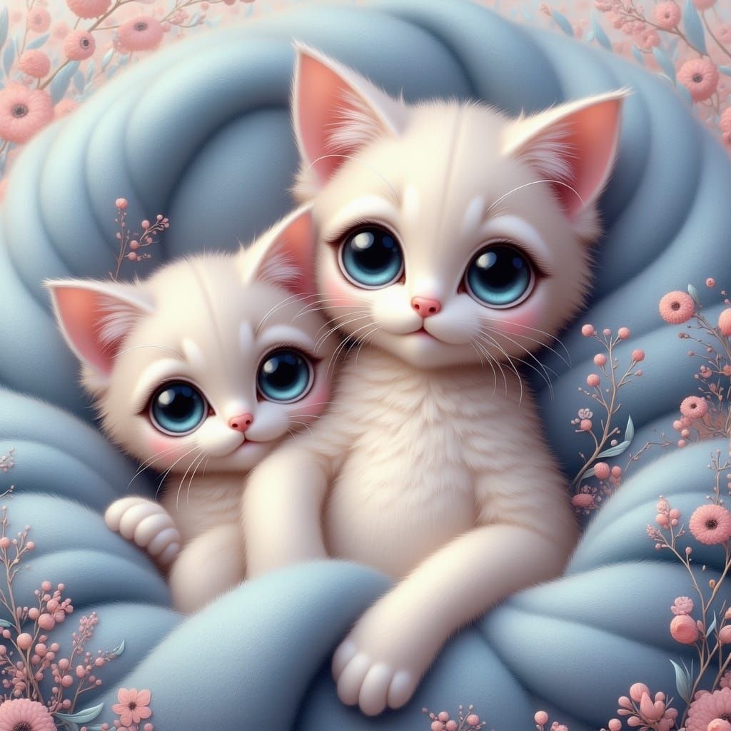 Lace Cats Snuggling in Blanket, Digital Art