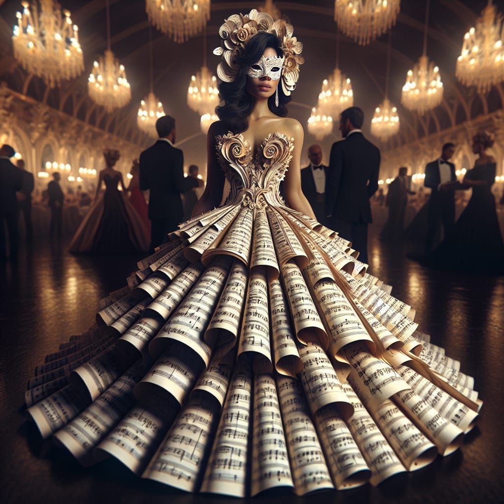 Woman in Music Sheet Gown at Masquerade Ball