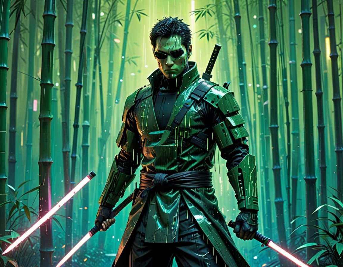 Cyber-Samurai in Neon Bamboo Forest, Cyberpunk Art