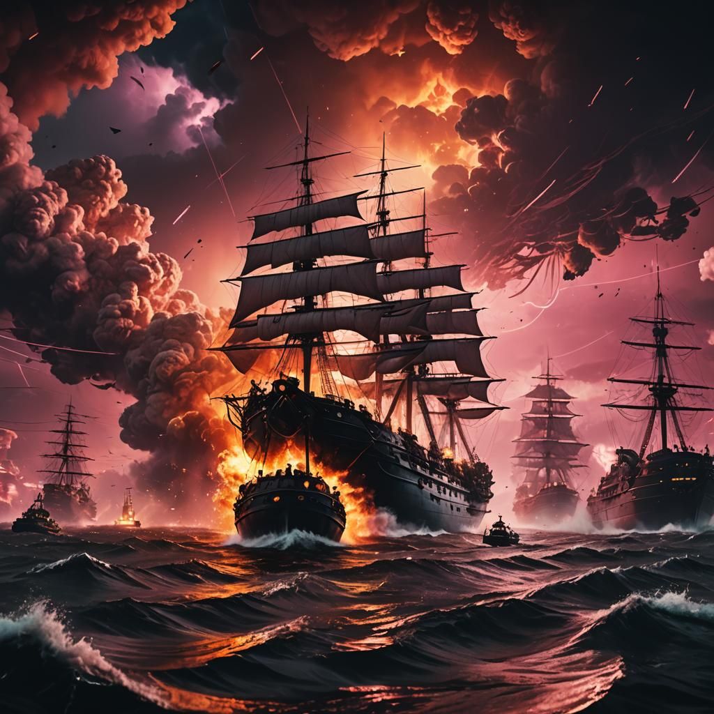 Cyberpunk Sailing Ships in Nuclear Sunset
