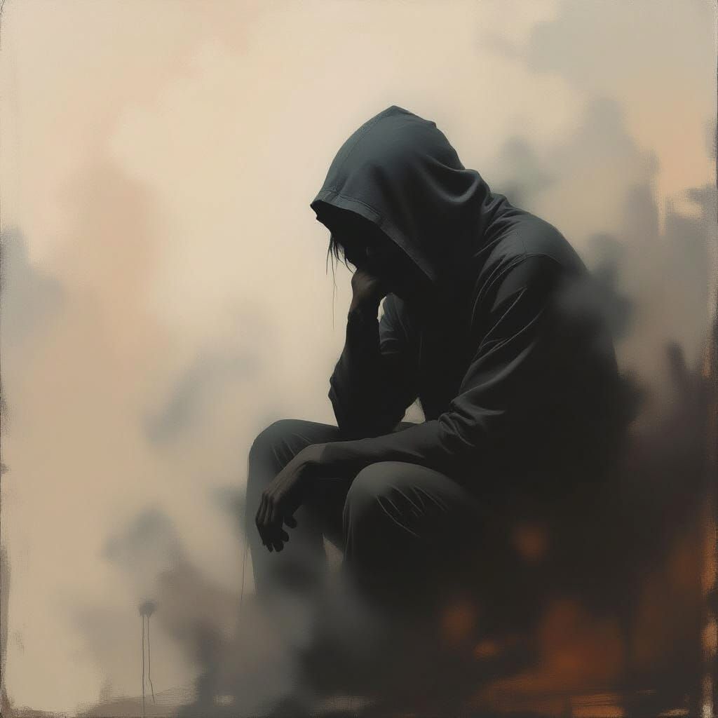 Contemplative Figure in Mist: Abstract Expressionist Style