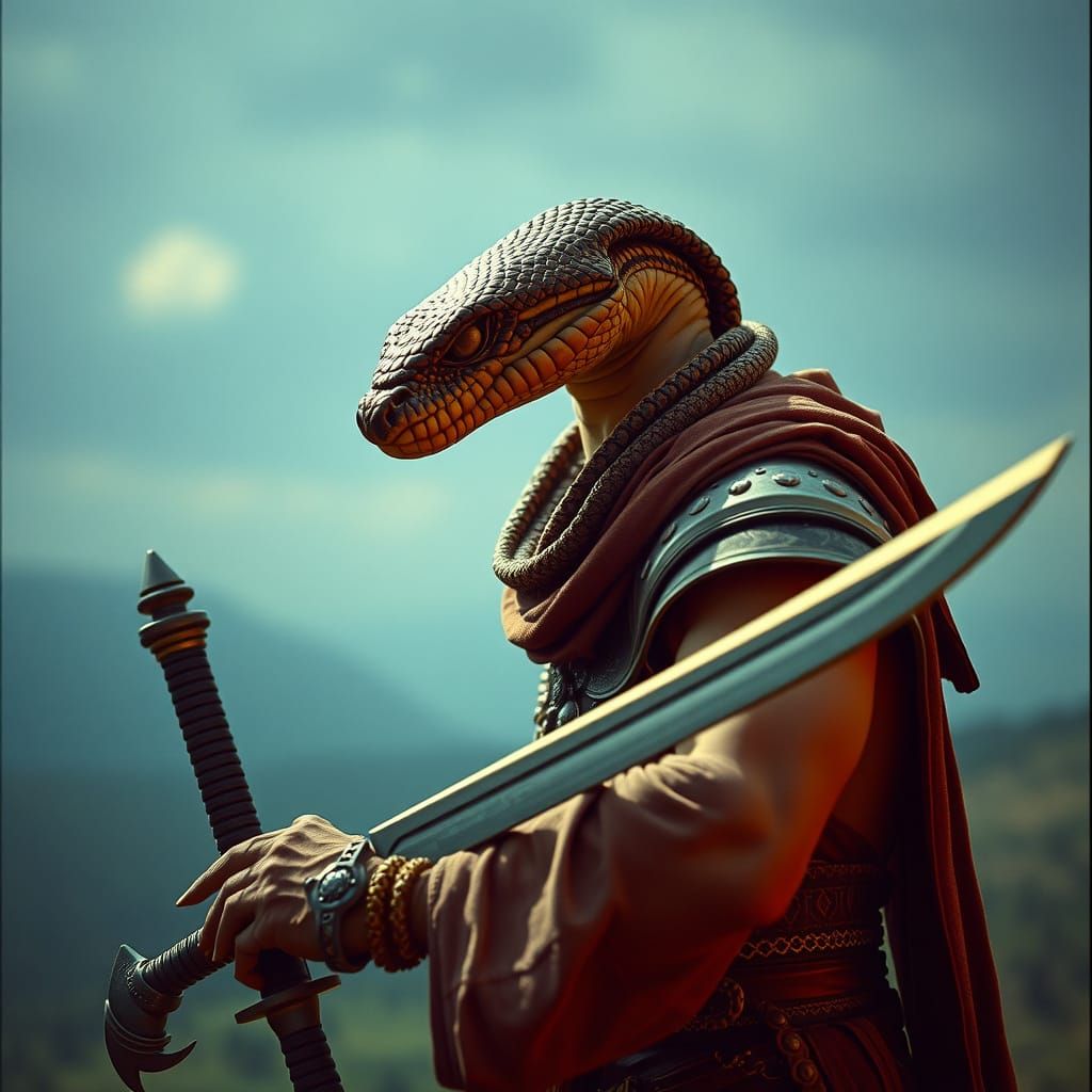 Snake Warrior in Fantasy Landscape, Cinematic Digital Art