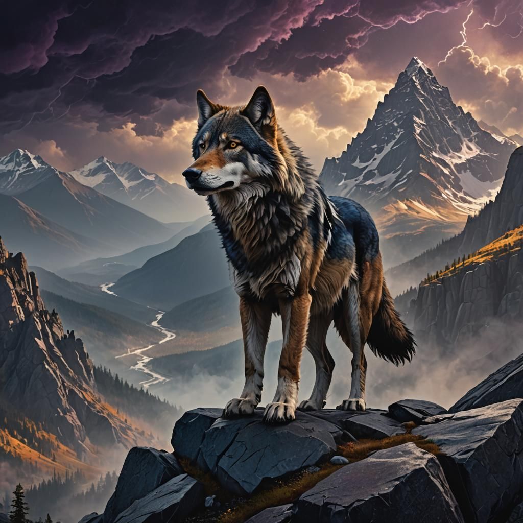 Regal Wolf in Mystical Storm, Dark Fantasy Art